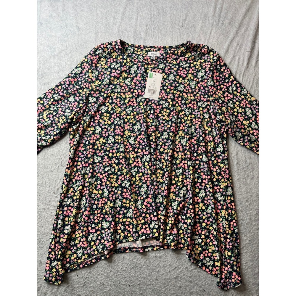 Kim Rogers Plus Size 1X Navy Pink Yellow Floral all‎ over print spring Tunic Top